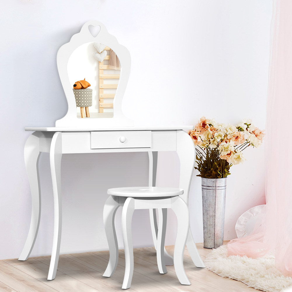 Keezi White Kids Vanity Dressing Table Stool Set featuring a faux mirror, heart-shaped motif, and functional drawer, perfect for little girls.